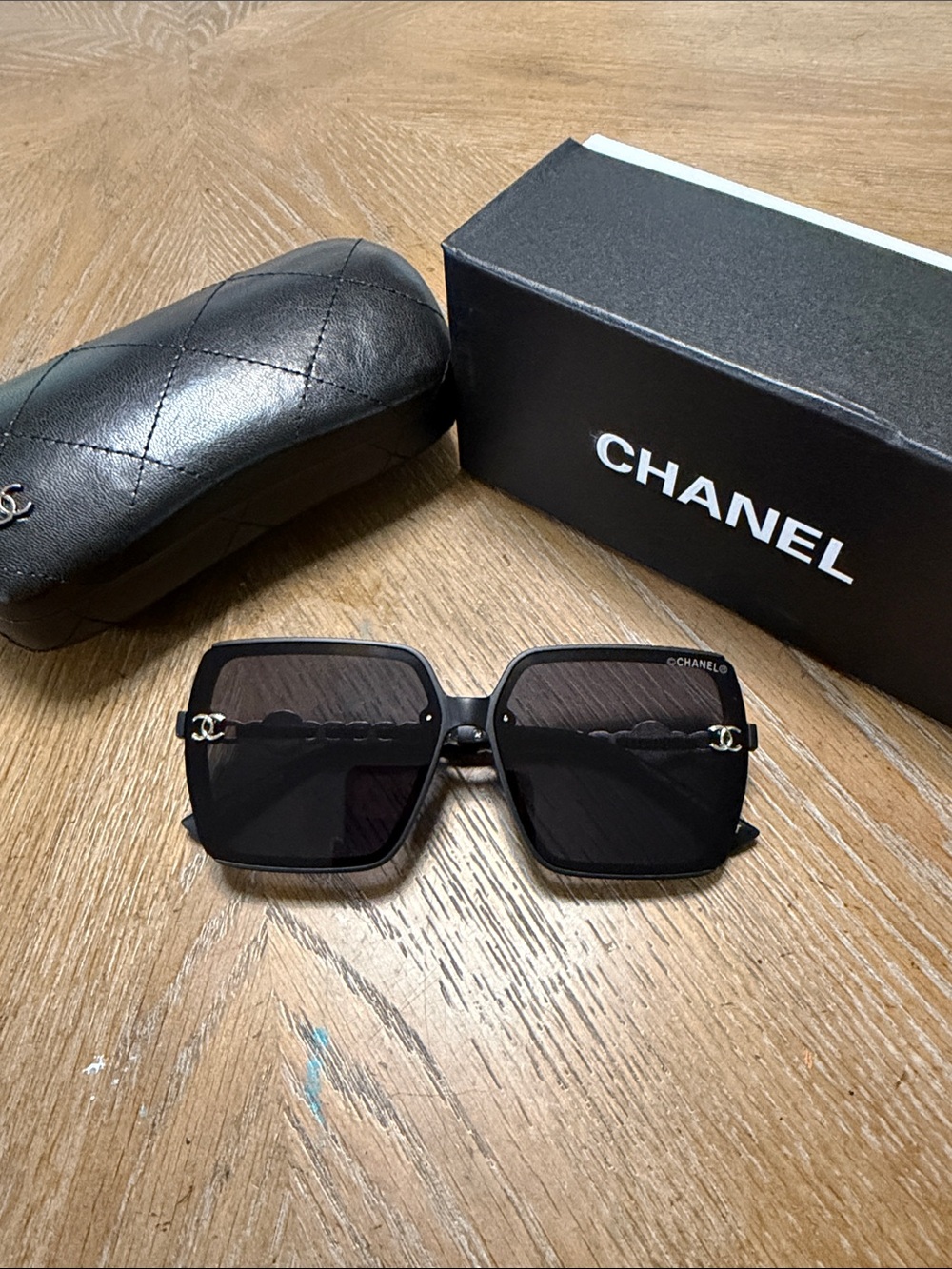 CHANEL Black Square Sunglasses with Silver CC Accents